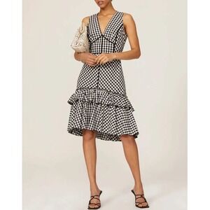 Tome Black White Gingham Ruffle Hem‎ Midi Dress Sleeveless V-Neck Cotton Sz 4